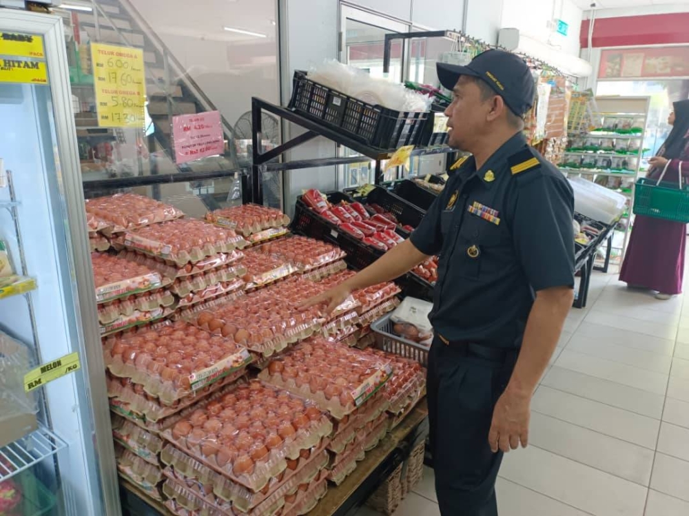 Anggota KPDN meninjau bekalan telur ayam di sebuah premis. Foto: KPDN