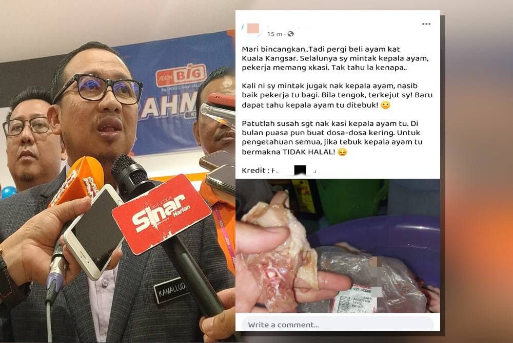 Kamalludin. Hantaran seorang pengguna Facebook mendakwa ayam segar dibeli di sebuah pasar raya tidak disembelih.