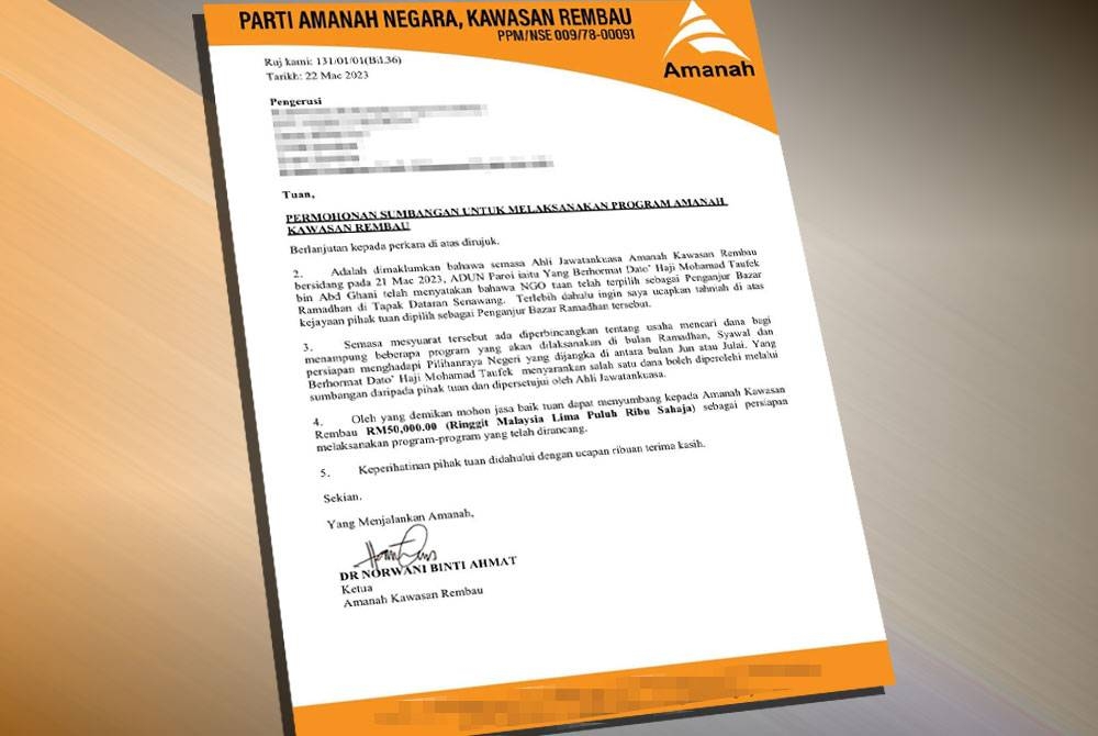 Surat Amanah Kawasan Rembau mohon bantuan daripada penganjur bazar Ramadan yang tersebar.