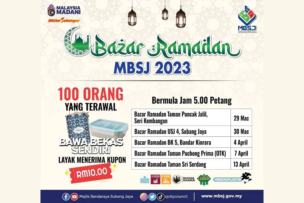 Info grafik mengenai baucar RM100 kepada pengunjung Bazar Ramadan MBSJ yang membawa bekas makanan.