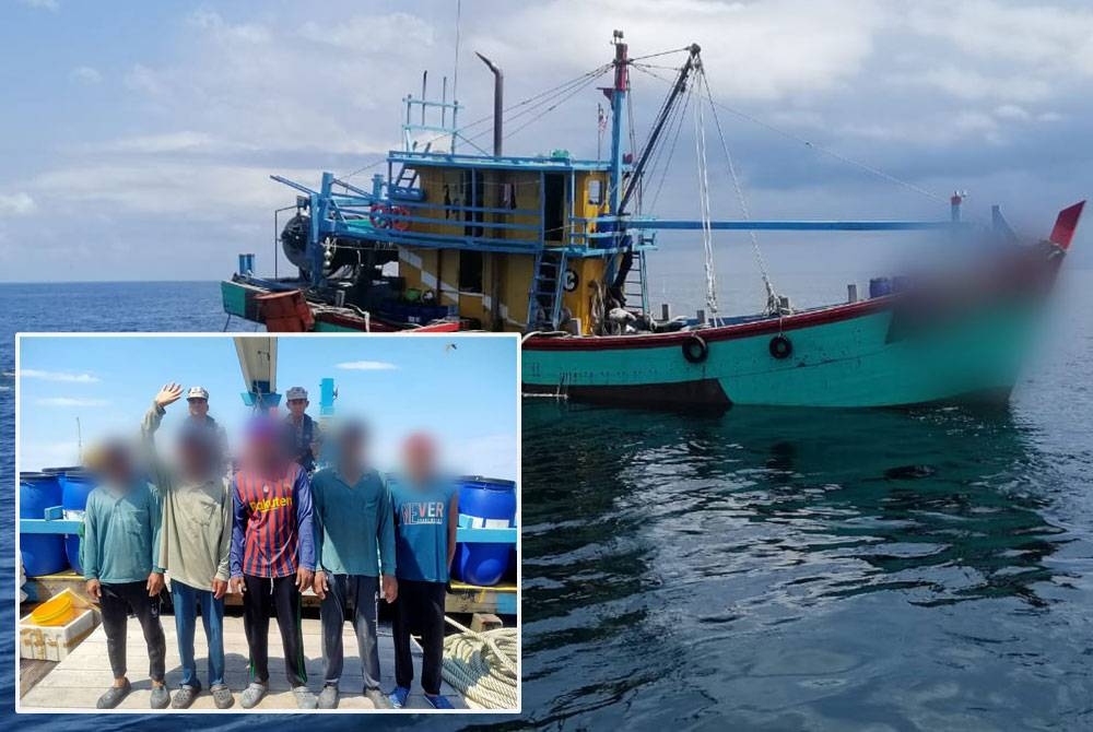 Bot kelas C ditahan bersama lima nelayan Myanmar pada Rabu.. Gambar kecil: Lima nelayan warga Myanmar tanpa dokumen yang sah ditahan Maritim Malaysia Pulau Pinang.