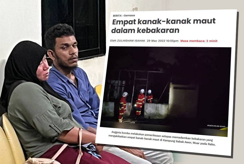 Ibu bapa kepada empat beradik maut dalam kebakaran di Jabatan Forensik Hospital Pakar Sultanah Fatimah (HPSF) Muar. Gambar kecil: Laporan Sinar Harian.