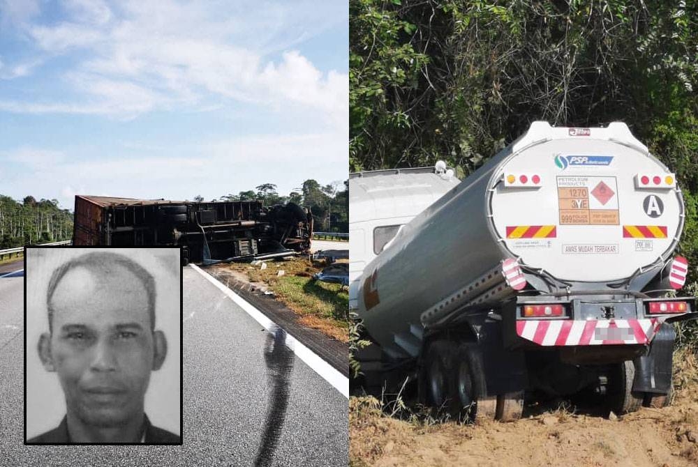 Keadaan dua lori dalam kemalangan di KM 372 Lebuh Raya Pantai Timur 2 (LPT2), Bukit Besi - Ajil di Dungun. Gambar kecil: Pemandu lori kontena, Ibrahim meninggal dunia akibat kecederaan parah pada kepala.