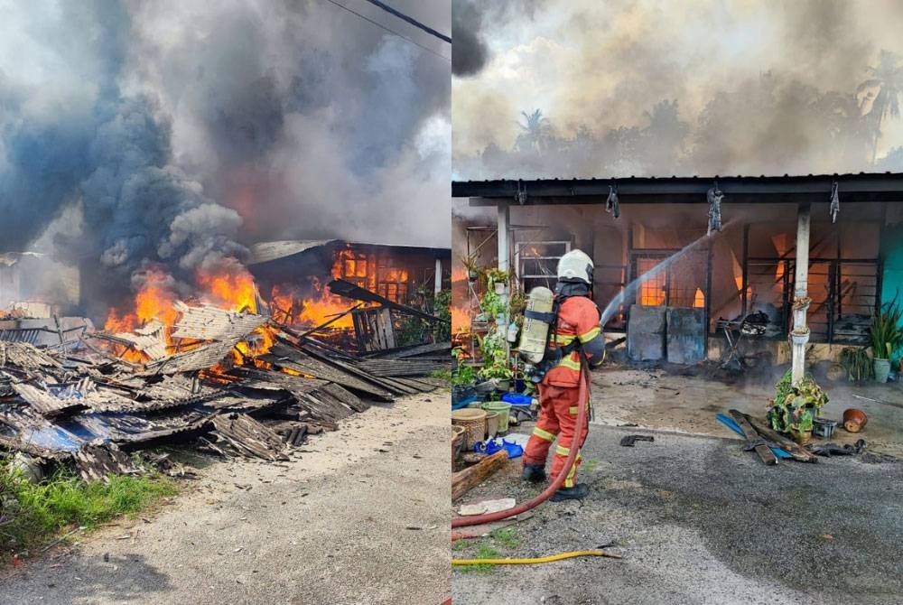 Anggota bomba sedang memadamkan kebakaran melibatkan empat unit rumah sewa dalam kejadian di Lorong Surau Sayyidah Zainab, Kampung Delek Kanan pada Sabtu.