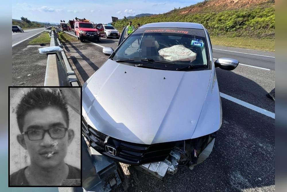 Keadaan kereta dipandu mangsa (gambar kecil: Mohamad Fakhrul) selepas terlibat kemalangan di KM325.2 Lebuh Raya Pantai Timur 2 (LPT2) arah Kuantan, pada petang Sabtu. - Foto PDRM 