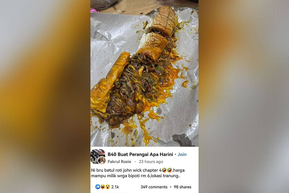 Tangkap layar perkongsian Fakrul Rozie mengenai roti john yang padat dengan inti daging, sayur dan sos dibeli pada harga RM6 di sebuah gerai di Manir, Kuala Terengganu.