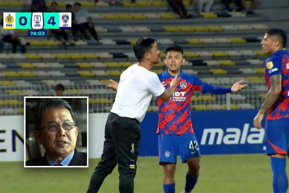 Insiden &#039;pertikaman lidah&#039; Teong Kim, Arif Aiman dan Bergson semasa aksi Liga Super, Perak menentang JDT di Stadium Perak pada Selasa. GAMBAR KECIL: Azraai