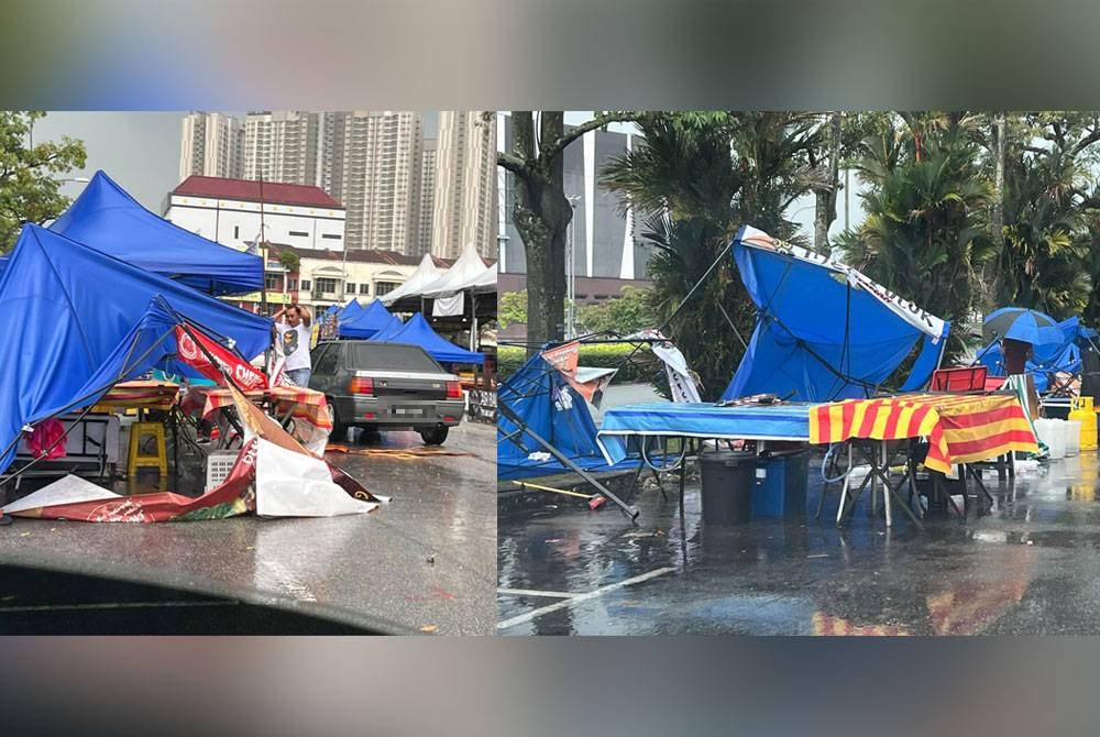 Banyak khemah di Bazar Ramadan di Nilai rosak dipukul ribut. - Foto Facebook Kami Penduduk Nilai