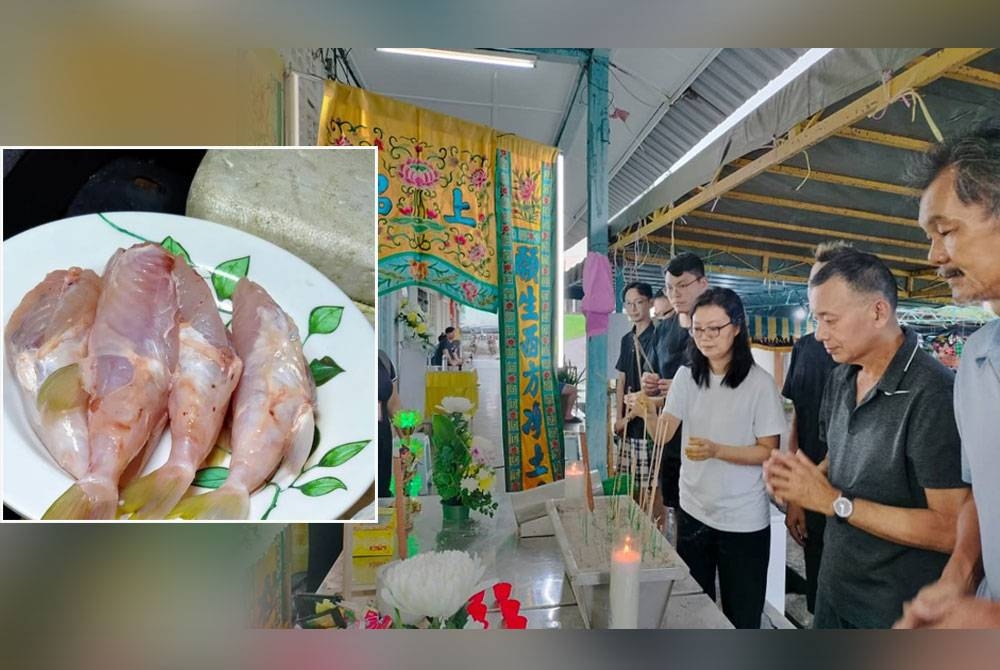 Ai Lee (tiga dari kanan) bersama ahli keluarganya di kediaman mereka di Chamek, Kluang pada Sabtu. Gambar kecil (kiri): Ikan buntal yang sudah siap disiang sebelum digoreng.