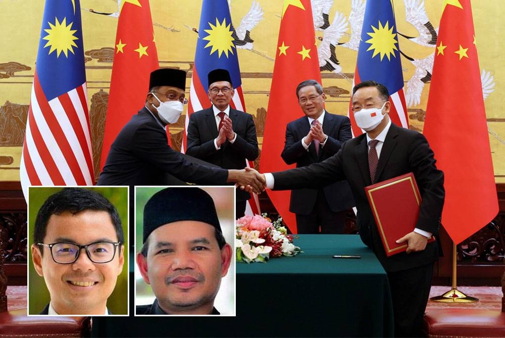 Perdana Menteri Datuk Seri Anwar Ibrahim (belakang, dua, kiri) dan rakan sejawatannya dari China, Li Qian (belakang, dua, kanan) menyaksikan pertukaran MoU baru-baru ini. - Foto Bernama. Gambar kecil dari kiri: Chean Chung, Ahmad Marthada)