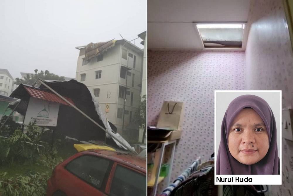 Keadaan ribut di Pangsapuri Angsana, Bandar Bukit Puchong 2. Gambar kanan: Bumbung pada rumah wartawan Sinar Harian yang tercabut selepas ditiup angin kuat pada Sabtu.