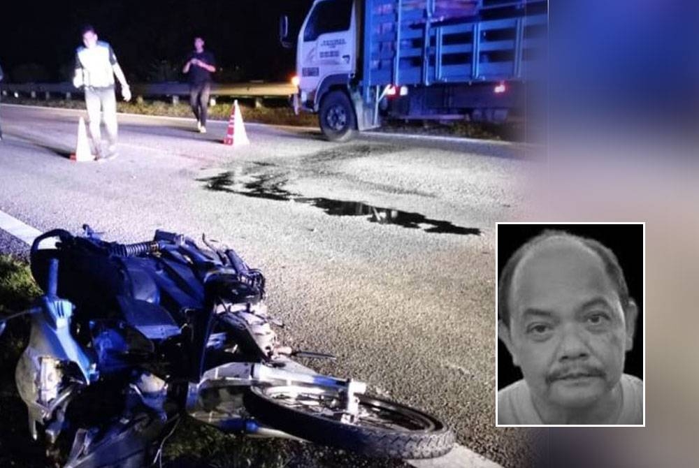 Keadaan motosikal ditunggang mangsa selepas terbabit dalam kemalangan dengan dua kereta malam Ahad. Gambar kecil: Razali Abdul Manaf