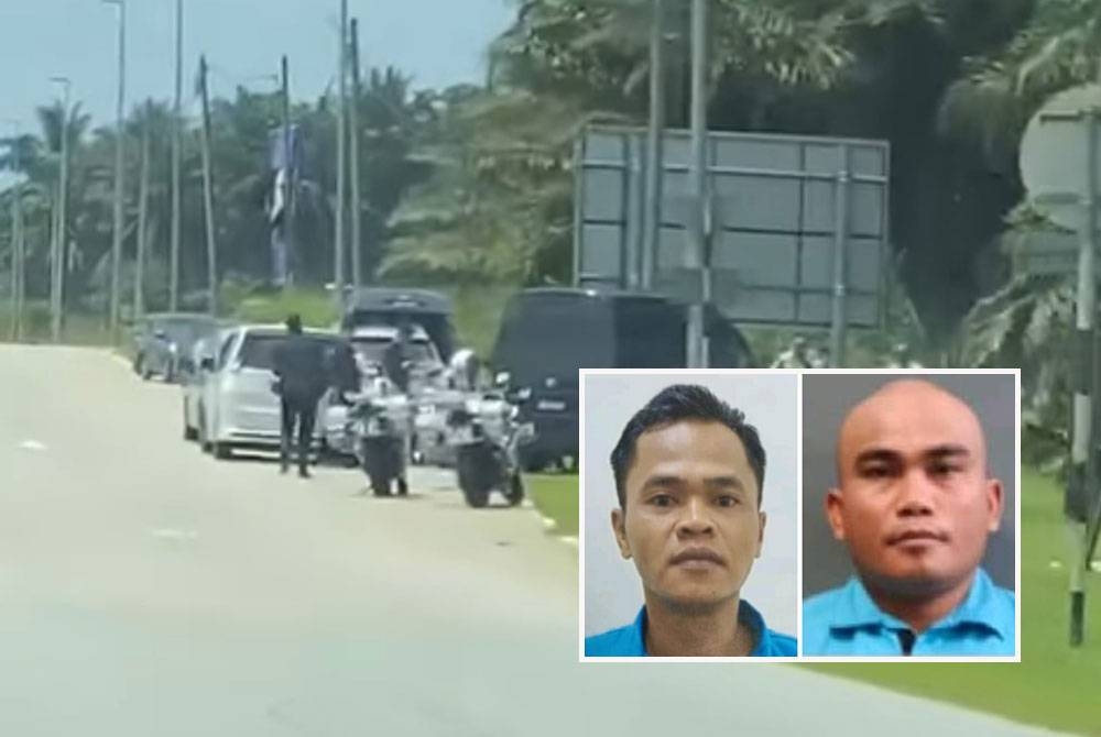 Tangkap layar di video yang tular memaparkan beberapa anggota polis berada di tepi Jalan Sengkang, Kulai bagi mengesan dua tahanan yang lolos pada Isnin. (Gambar kecil: RIKI dan SAMIRUDIN)