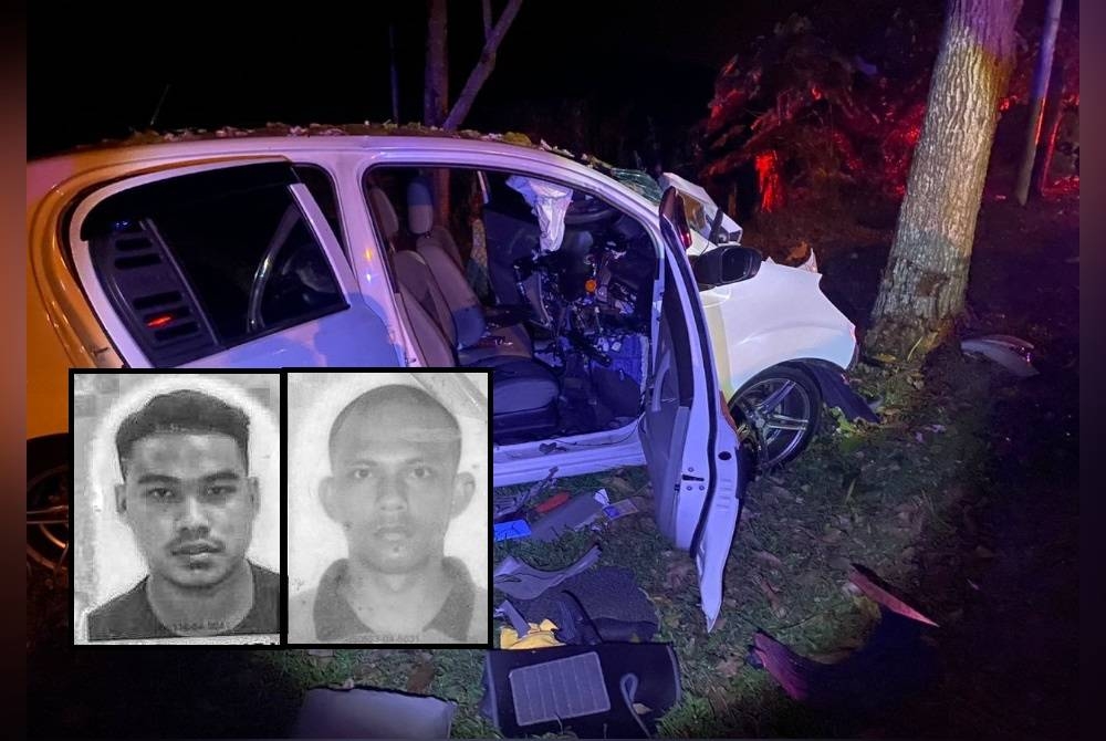 Kereta Perodua Myvi yang dinaiki dua saudara itu hilang kawalan dan meragut nyawa kedua-dua mereka. (Gambar kecil: Muhammad Hasraf (kiri), Mohd Firdaus