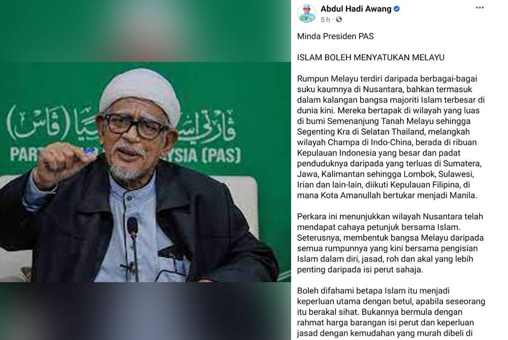 Tangkap layar catatan Minda Presiden Pas di Facebook Abdu Hadi pada Jumaat.