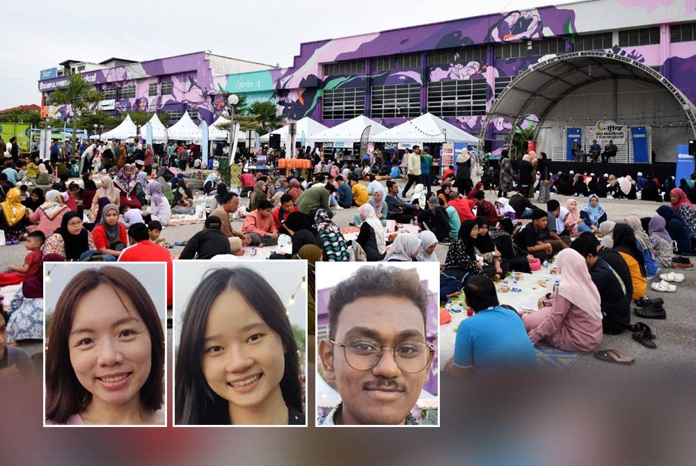 Para pengunjung menunggu azan berkumandang sebelum berbuka puasa beramai-ramai pada majlis Iftar ala Madinah @Karangkraf. Gambar kecil dari kiri: Adeline Lau, Jenny Low, Thanus Mogan