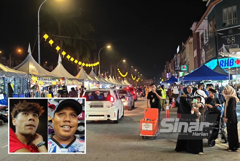 Suasana di bazar malam Aidilfitri Dataran Senawang. (Gambar kecil: Mohd Aliff Haiqal dan Khairul Annuar.)