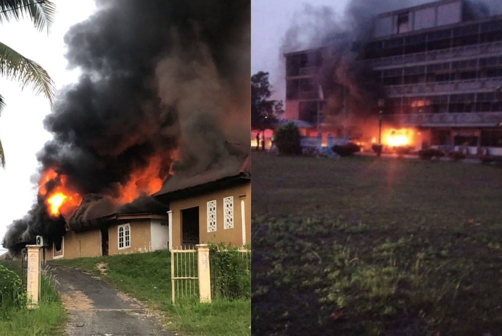 Kebakaran yang berlaku pada petang Ahad memusnahkan 80 peratus struktur bangunan masjid Kampung Bukit Rang, Pulau Tawar, Jerantut pada Ahad. Gambar kanan: Blok bangunan empat tingkat yang menempatkan pejabat beberapa agensi kerajaan di Rompin terbabit dalam kebakaran pada Ahad.