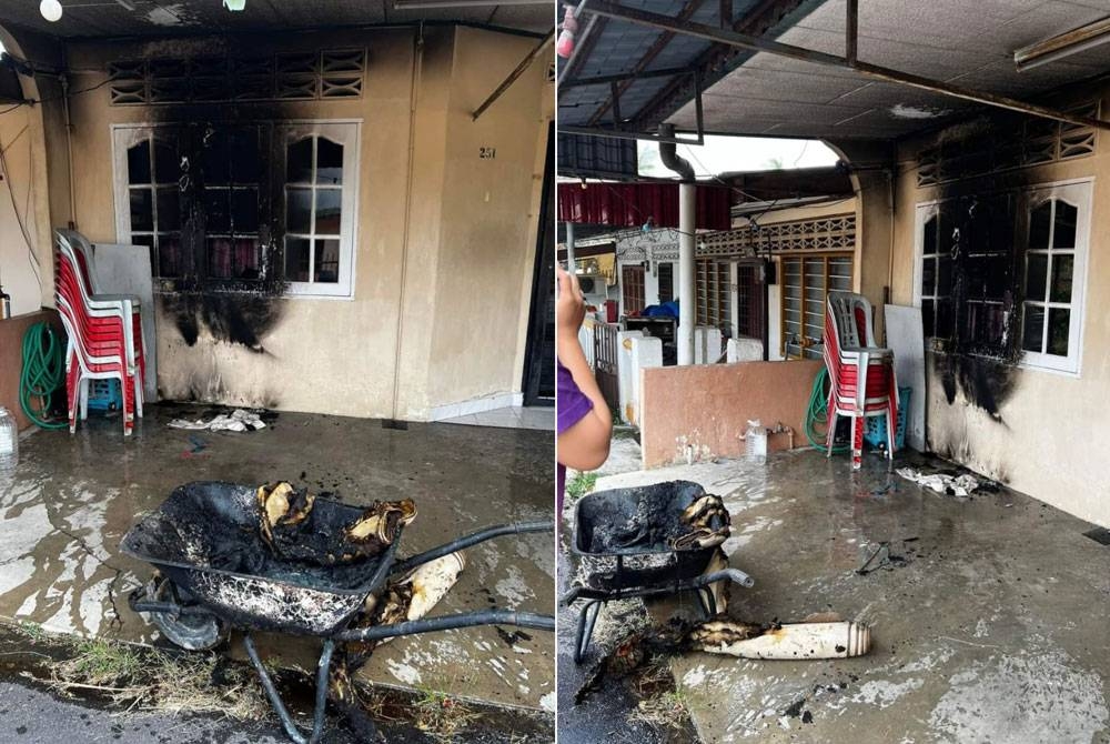 Keadaan kebakaran sebuah rumah di Kuala Kangsar yang dikaitkan dengan perbuatan kumpulan samseng. - Foto media sosial