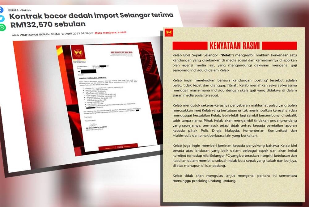 Kenyataan di laman Facebook Selangor FC.