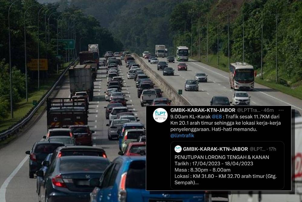 Trafik sesak itu berlaku sepanjang 11.7 kilometer (km) bermula dari KM20.1 arah timur sehingga ke lokasi kerja-kerja penyelenggaraan. - Gambar hiasan (Ciapan LPT pada Selasa.)