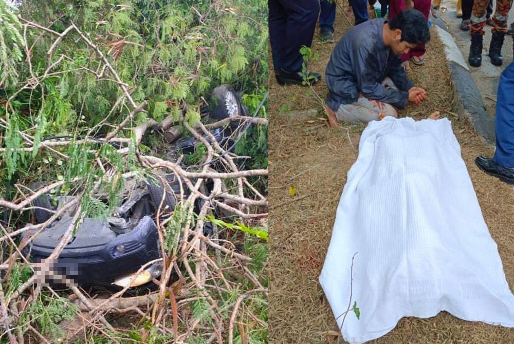 Tayar van yang mereka naiki meletup dan terbabas ke dalam parit di Jalan Lapangan Terbang Sultan Ismail Petra, Pengkalan Chepa, Kota Bharu pada Selasa. Mohd Izzat, 12, maut di lokasi (kanan).