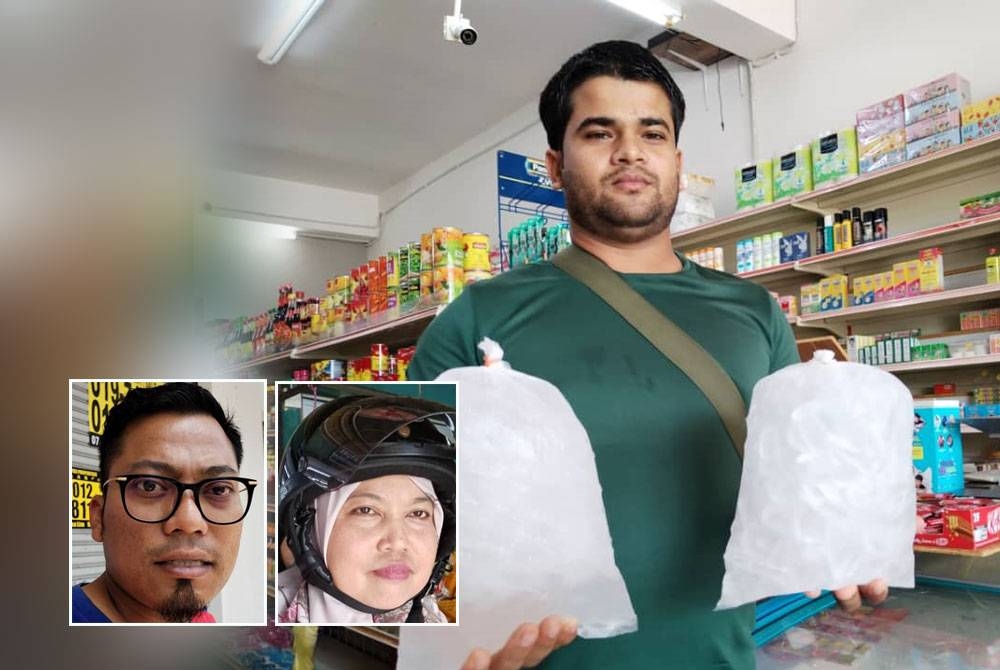 Mohamad Azizul menunjukkan pek ais yang kerap dibeli orang ramai di premisnya. Gambar kecil dari kiri: Farid, Junainah