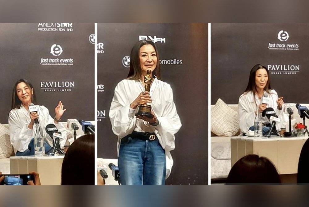 Michelle Yeoh pada sidang media pertamanya di Malaysia pada Selasa sejak kemenangan penuh bersejarah yang diraihnya apabila memenangi anugerah Oscar bulan lepas. - Foto Bernama