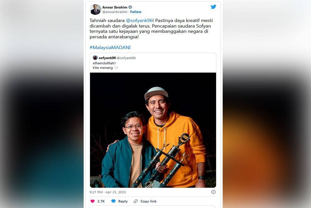 Ciapan Anwar di akaun Twitter yang bangga dengan pencapaian Sofyank.