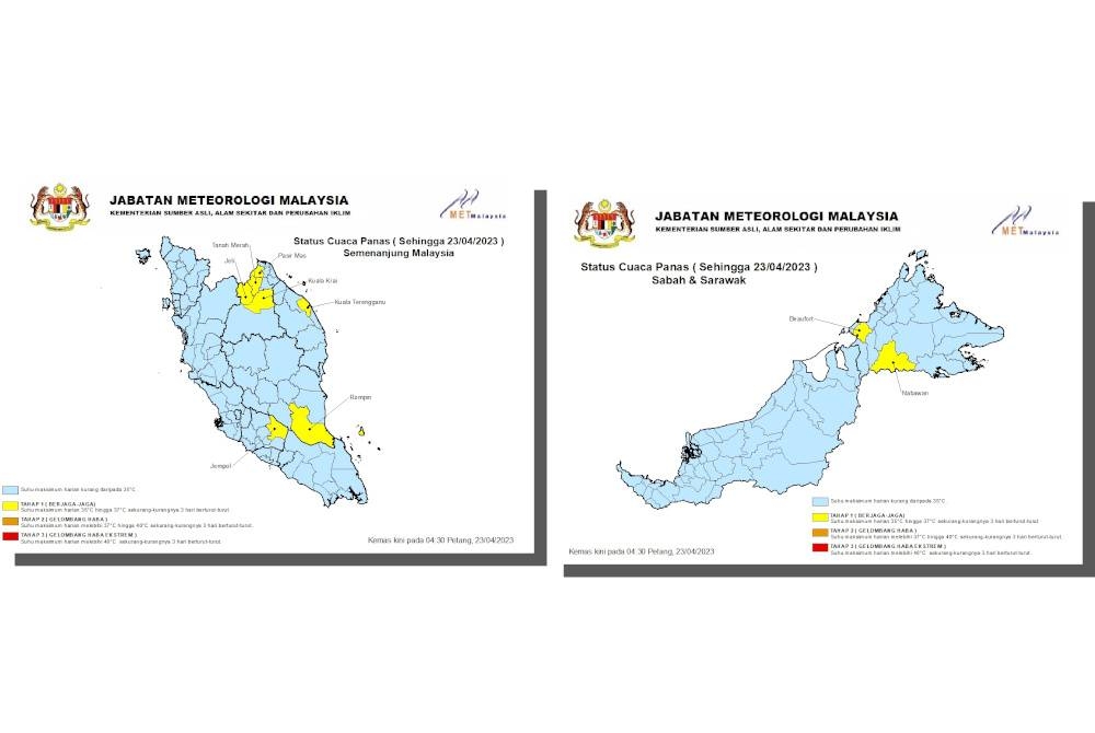 Peta menunjukkan kawasan berwarna kuning di negara ini yang berada pada Tahap 1 (Berjaga-Jaga). 