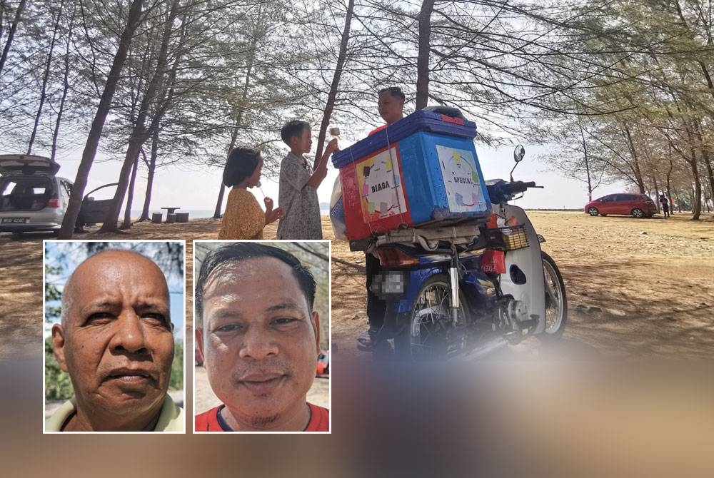 Mohd Zain menjual ais krim kepada kanak-kanak di sekitar Pulau Kekabu, di Marang Terengganu. Gambar kecil dari kiri: Rosdin, Mohd Zain