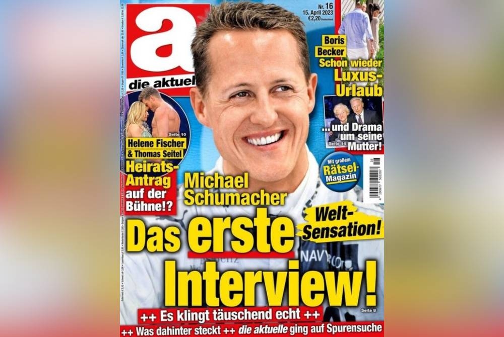 Muka depan majalah Die Aktuelle keluaran 15 April lalu yang mengundang kemarahan keluarga Schumacher. - Foto Agensi