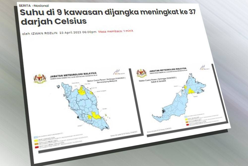 Sebelum ini media turut melaporkan tujuh kawasan di Semenanjung dan dua di Sabah diramal mengalami cuaca panas Tahap 1 (berjaga-jaga) sekurang-kurangnya untuk tiga hari berturut-turut dengan suhu maksimum boleh mencecah antara 35 dan 37 darjah Celsius.