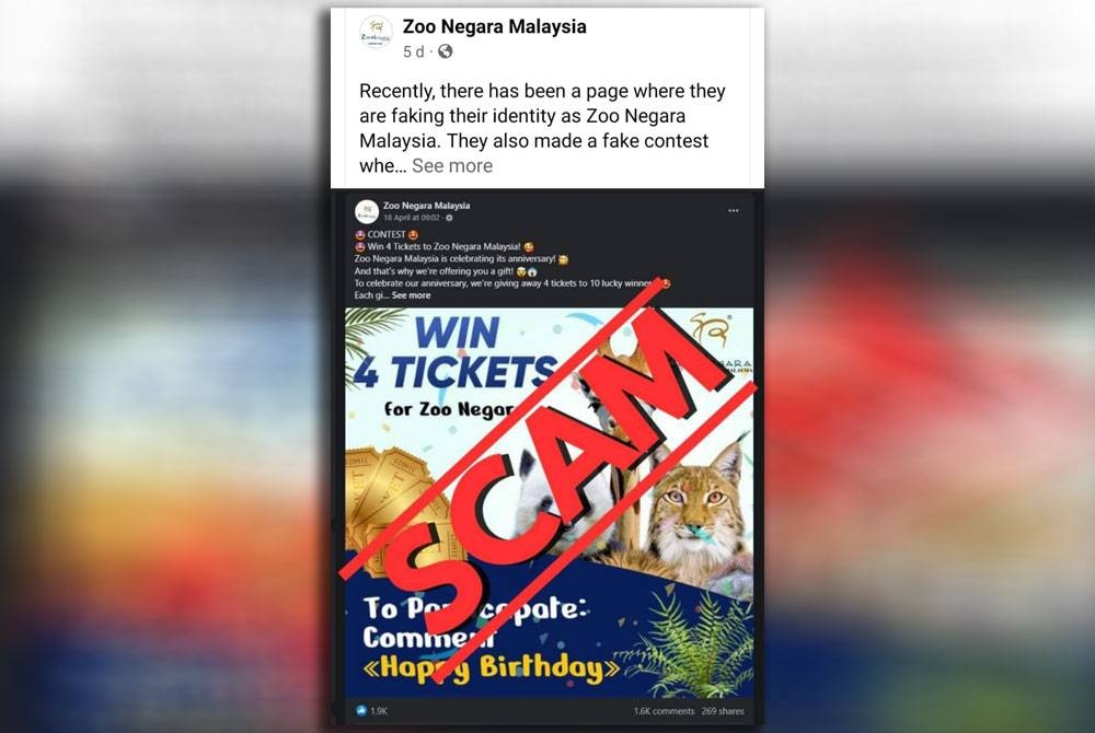 Pengguna diingatkan tidak terpedaya dengan akaun Facebook palsu Zoo Negara Malaysia yang diaktifkan untuk mengelirukan pengguna.