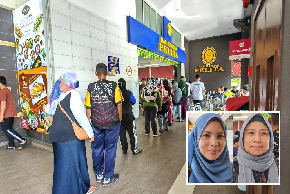 Orang ramai beratur menunggu giliran membeli nasi kandar. (Gambar kecil: Nadzatul Nadi, Eefaazura)