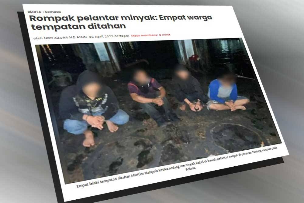 Empat lelaki termasuk dua beradik warga tempatan ditahan Agensi Penguatkuasaan Maritim Malaysia (Maritim Malaysia) ketika melakukan rompakan di pelantar minyak di kedudukan 0.7 batu nautika, timur laut Jeti Tanjung Langsat pada Selasa.