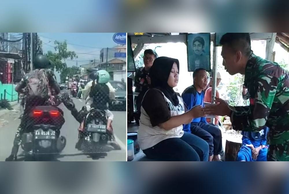 Anggota TNI menendang skuter mangsa dalam kejadian di Bekasi pada Isnin lalu. - Agensi