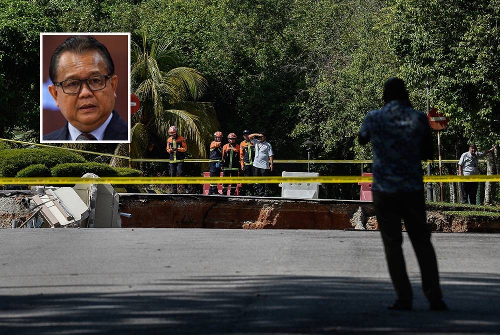 Tinjauan di lokasi kejadian tanah runtuh di hadapan Akademi Pencegahan Rasuah Malaysia (MACA) di Persiaran Tuanku Syed Sirajuddin, pada Rabu. - Foto Bernama (Gambar kecil: Alexander)