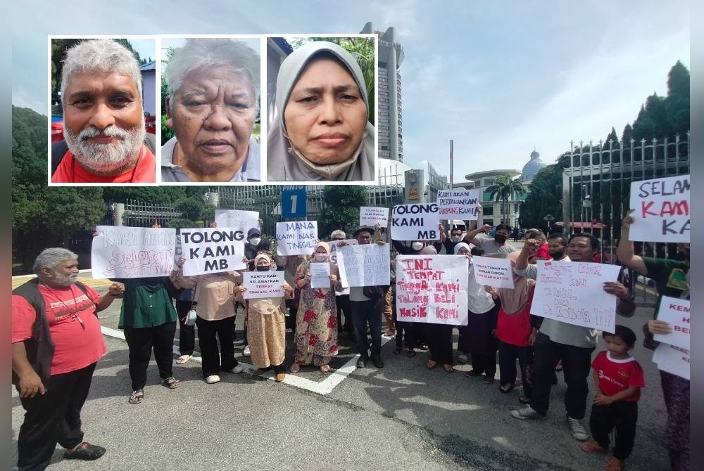 Penduduk terbabit mengadakan bantahan aman selepas menghantar memorandum di Pintu Masuk Utama Pejabat Setiausaha Kerajaan Negeri Selangor pada Khamis. Gambar kecil dari kiri: Arutchelvan, Bharuddin Noot, Saleha Jumbri