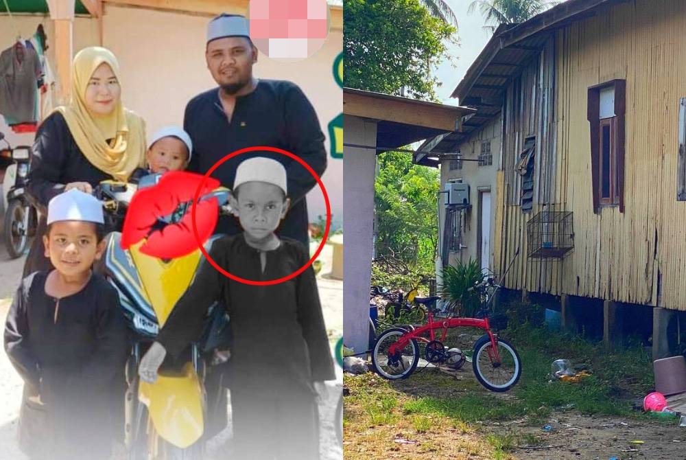 Muhamad Syamil (kanan) bersama keluarga pada sambutan Aidilfitri. Foto: Media Sosial .(Gambar kanan: Basikal yang ditunggang oleh Muhamad Syamil untuk berhari raya kelihatan di kediaman keluarganya di Kampung Perupok, Bachok.)