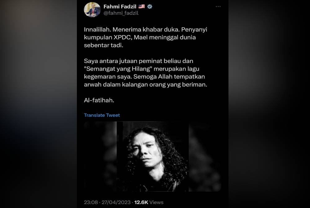 Perkongsian Fahmi di laman Twitter pada Khamis.