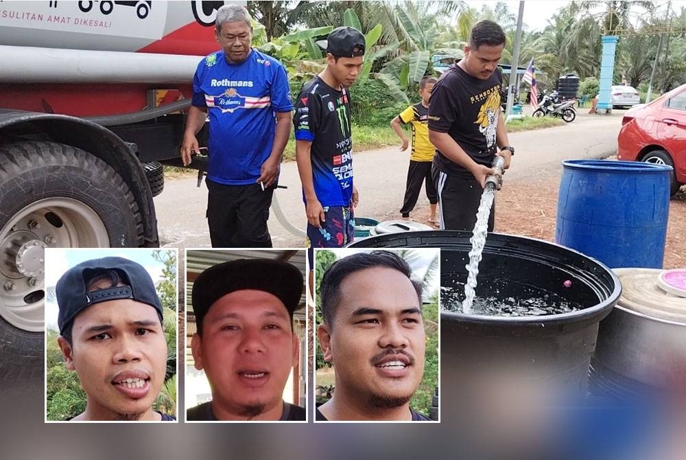 Penduduk Kampung Parit Puasa mengisi air yang dibekalkan kepada mereka. Gambar kecil dari kiri: Muhammad Shazni, Razzwin, Mohamad Safiq