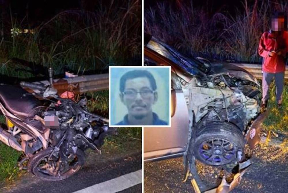 Mangsa (gambar kecil) tercampak ke bahu kiri jalan manakala pemandu kereta itu hilang kawalan lalu melanggar penghadang besi di kiri jalan. - Foto ihsan PDRM