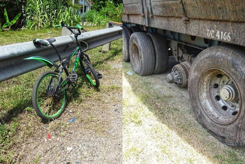 Mangsa yang sedang mengayuh basikal cedera terkena tayar treler. Dua biji tayar treler yang tercabut dalam kejadian tersebut.