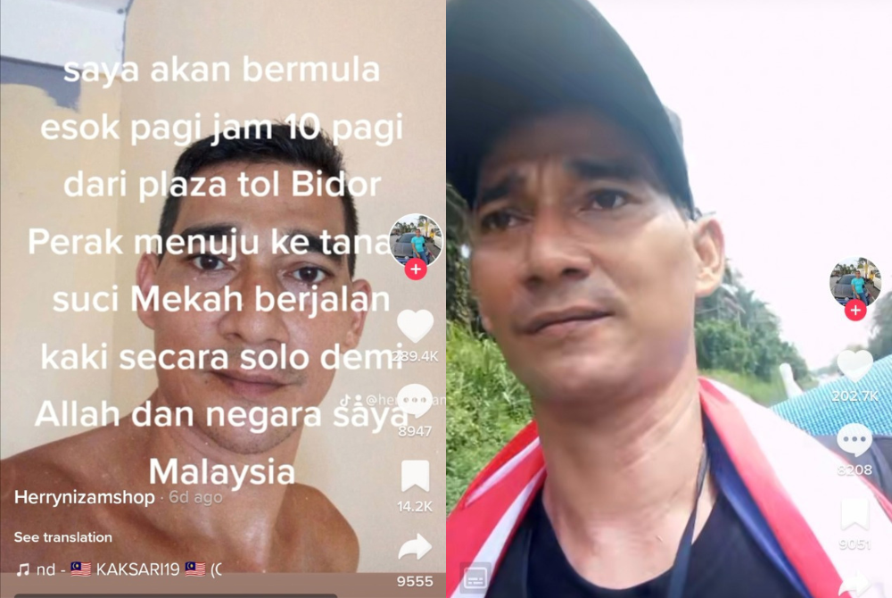 Herry Nizam mengemas kini misi perjalanannya dari Bidor ke Makkah menerusi akaun TikTok. - Foto ihsan pembaca