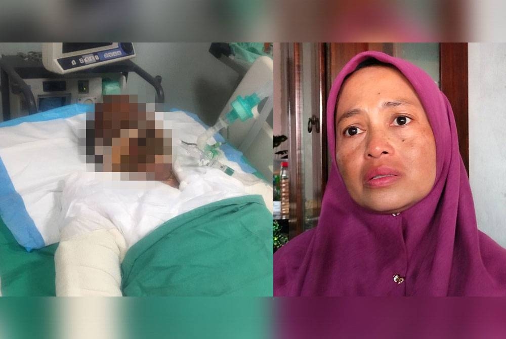 Keadaan Zulkarnaeni yang masih dirawat di wad ICU Hospital Melaka. Gambar kanan: Zarni Yuherlina