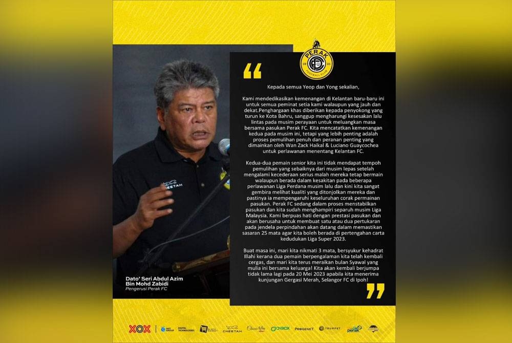 Abdul Azim dalam satu kenyataan menerusi lama Facebook Perak FC pada Ahad.