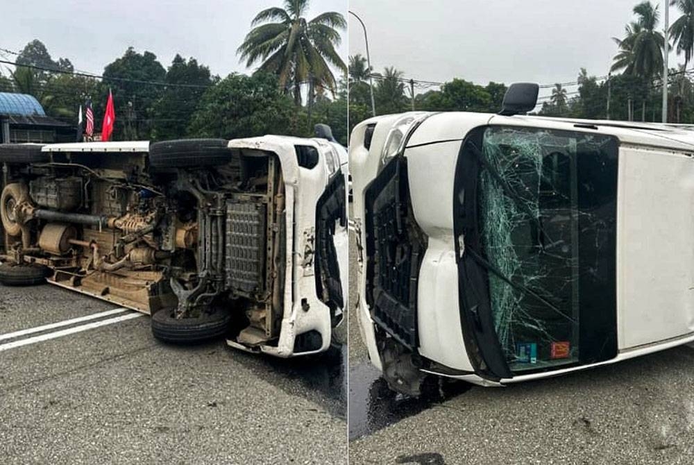 Pemandu van cedera ringan selepas kenderaan dipandunya terbabas sendiri di KM343 Jalan Kuala Lumpur ke Kota Bharu pada Isnin. - Foto: PDRM