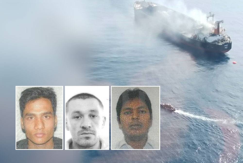 Kapal MT Pablo dilaporkan terbakar di kedudukan 37.5 batu nautika timur laut Tanjung Sedili pada Isnin. Gambar kecil dari kiri: Satyam Tripathi, Sabit Shenderovsky, Dinesh Kumar