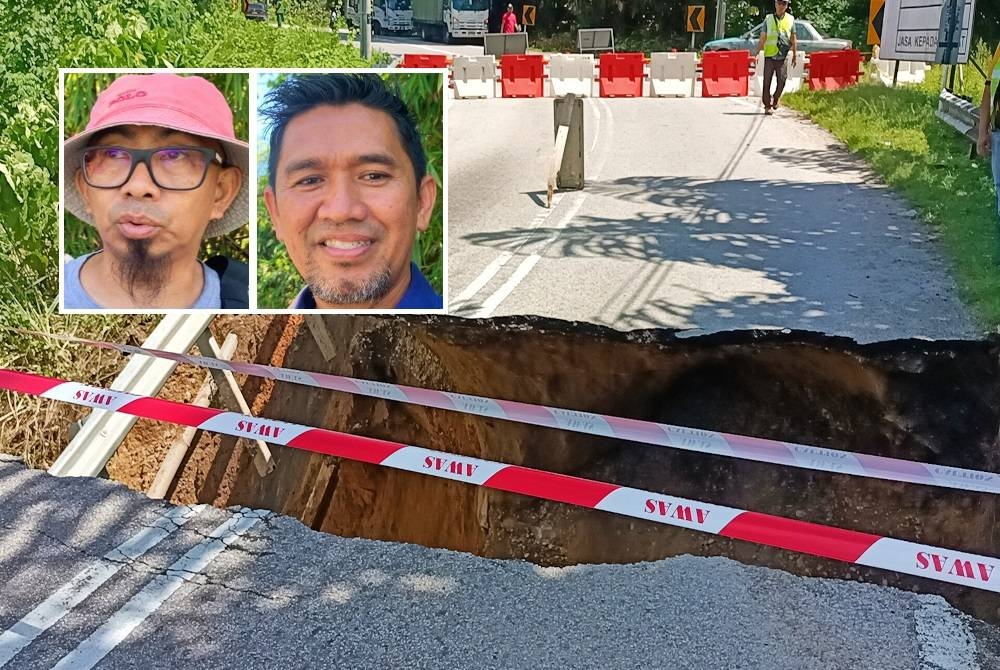 Rutin harian hampir 5,000 penduduk terjejas selepas Jambatan Enggor yang menjadi laluan utama ke Karai dekat sini runtuh berikutan hujan lebat berterusan sejak seminggu lalu. Gambar kecil: Ahmad Qarib, Rafli